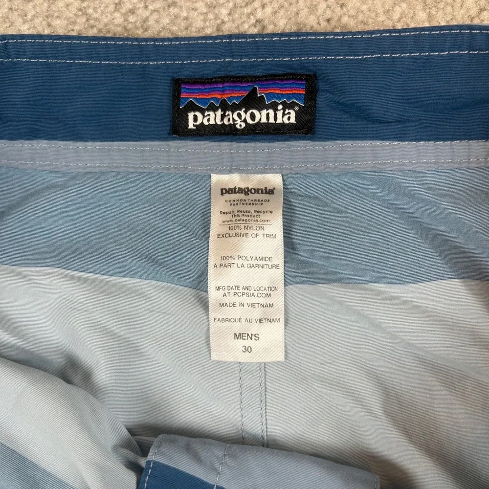 Patagonia Board Shorts Mens 30 Blue Striped Nylon Swim Trunks Side Zip Pocket